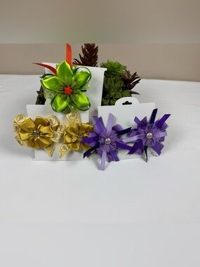 Bundle Handmade Satin Flower Hair Clips - Green, Gold & Purple(0095)